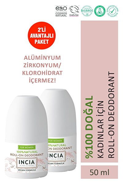 Incia %100 Doğal Roll On Deodorant Kadınlar İçin Ter Kokusu Önleyici Lekesiz 50 ml X 2 Adet
