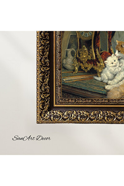 Sanart Pictură de epocă, pictură în ulei, pictură înrămată din seria specială, decor artistic, retro, pictură cu pisici
