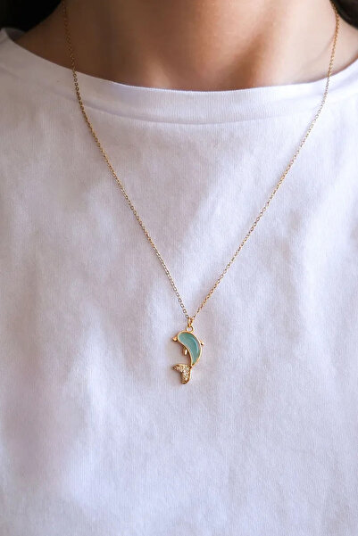 AURRARİ Turkuaz Opal ve Zirkon Taşlı Yunus Balığı Çelik Kolye