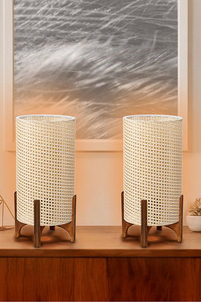EFLIGHTDESIGN Set of 2 Wooden Lampshade Cream Wicker Modern Stylish Bedroom Living Room Table Lamp