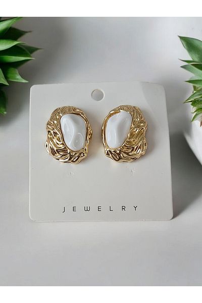 JEWELRY Brass Earrings - White Stone Detailed