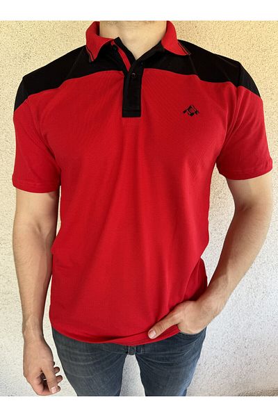Mesh Men's Red Polo Collar T-shirt - 100% Cotton, Colorful Striped, Short Sleeve, Split Model, Logo Design