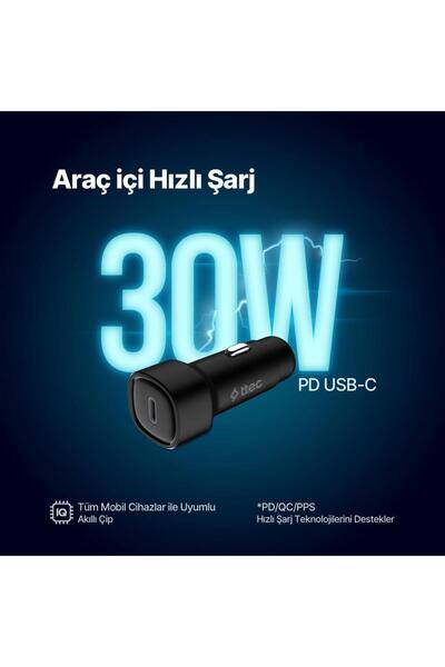 Ttec Süper Hızlı 30W 1x Type-C Araç Şarj Cihazı, 12/24V Çakmaklık Girişli Akım Korumalı, PD/QC/PPS