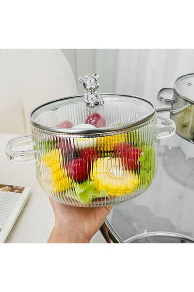 MISSGIGI Glass Pot with Teddy Bear - Borosilicate Pot High Temperature Resistant 1.7 L