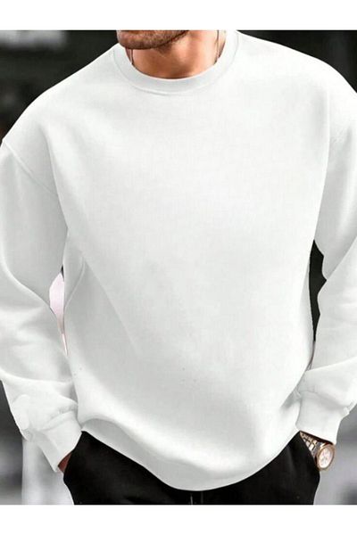 CAST COLLECTİON Men's Oversize Ecru Crew Neck Sweatshirt