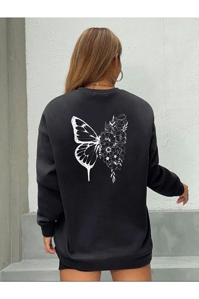 Pink Sky Black Oversize Floral Butterfly Sweatshirt