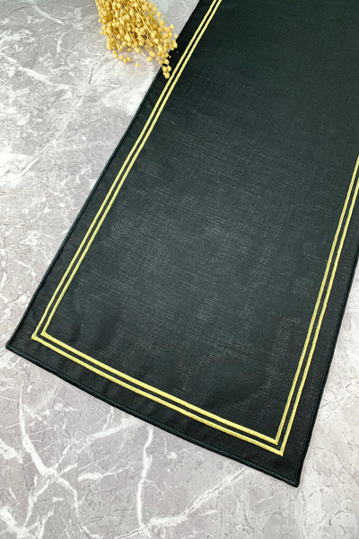 WEARE2 Traversă de masă din in brodată cu dungi duble, negru cu auriu sclipit...