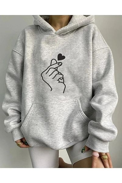 Pink Sky Heart Patterned Unisex Sweatshirt - Hand Sign Heart Fingers