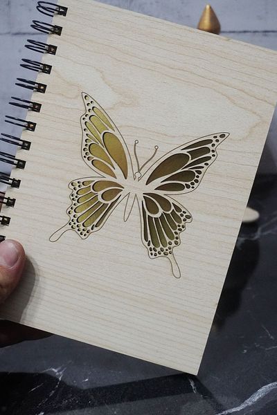 markcat A5 Butterfly Patterned Wooden Notebook - Diary and Agenda Notebook, Unlined