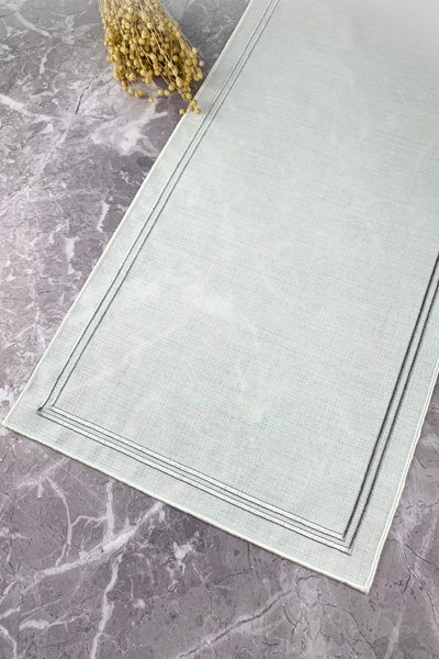 WEARE2 Beyaz Renkli Simli Gri Çift Çizgi Nakışlı 40x110 Cm Keten Efektli Runner