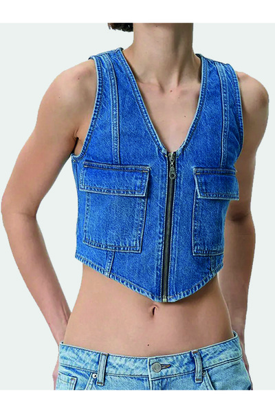 REFA COLLECTİON سترة من الدنيم بسحاب ورقبة على شكل حرف V - تفاصيل الجيب