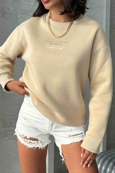 Cappmoda SWT-14257 Mink Boutique Peinture Text Embossed Φούτερ με τρεις κλωστές με ράστερ