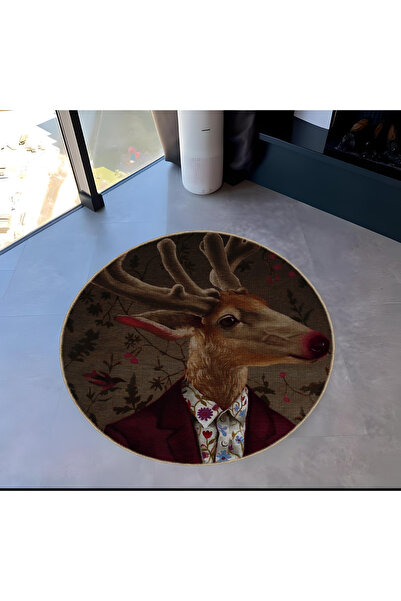 Rugs Modern Halı Deer Patterned Round Woven Base Modern Decorative Carpet wit...