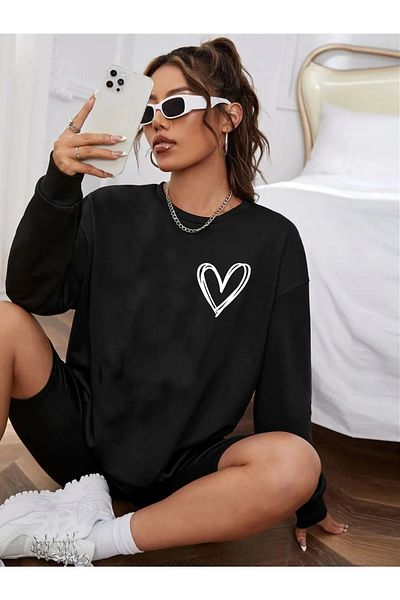 Pink Sky Oversize Hooded Heart Printed Sweatshirt