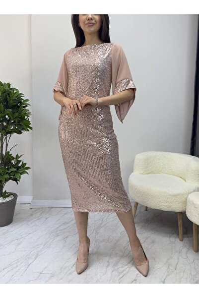 Phoenix Women Pul Payetli  Bisiklet Yaka Midi Boy Abiye Elbise