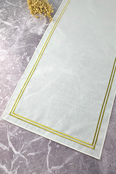WEARE2 Beyaz Renkli Simli Gold Çift Çizgi Nakışlı 40x110 Cm Keten Efektli Runner