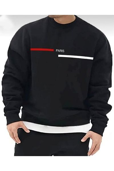 CAST COLLECTİON Black Paris Printed Men's Sweatshirt - Crew Neck
