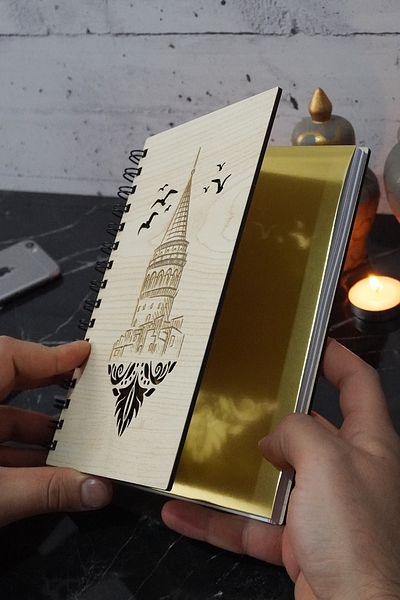 markcat Galata Tower Patterned Wooden Spiral Notebook - Ημερολόγιο και δώρο χωρίς γραμμή