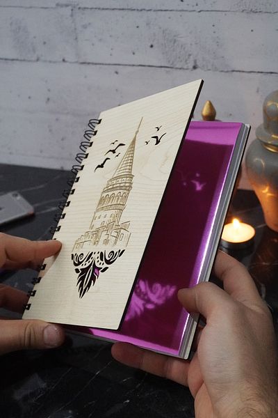markcat A5 Spiral Galata Tower Patterned Wooden Notebook - Unlined Diary Notebook for Agenda and Gift
