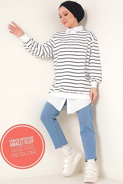 VEGAMOD Women's Thin Striped Seasonal Oversize Hijab Sweatshirt