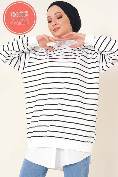 VEGAMOD Women's Thin Striped Seasonal Oversize Hijab Sweatshirt