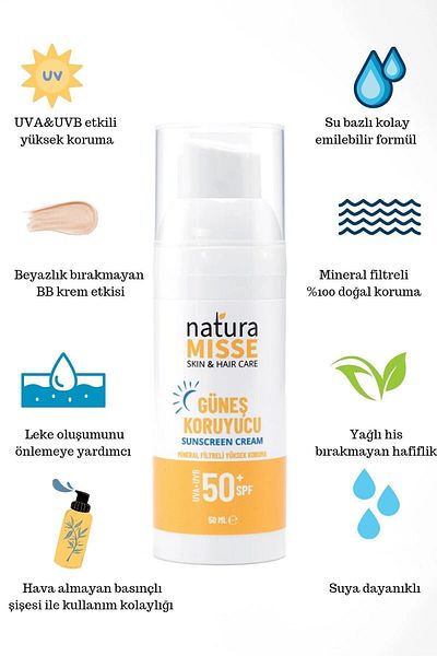 NaturaMisse واقي شمسي طبيعي - 2 × 50 مل، عامل حماية من الأشعة فوق البنفسجية 50، حماية عالية، عناية مضادة للعيوب، ترطيب ذو أساس مائي
