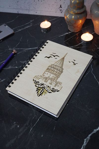 markcat Galata Tower Patterned Wooden Spiral Notebook - Ημερολόγιο και δώρο χωρίς γραμμή