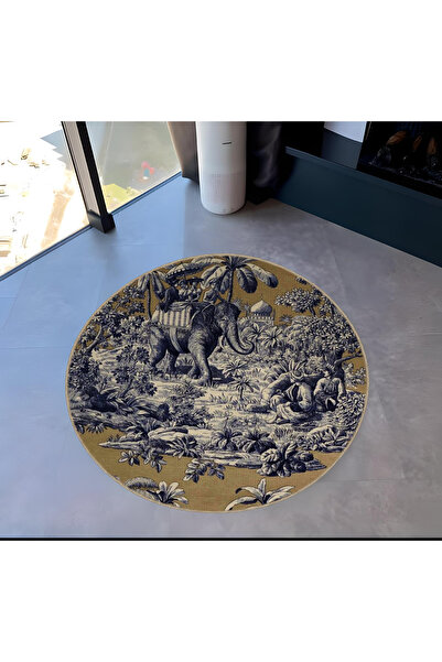 Rugs Modern Halı Gri Ton Eski Çağ Tema Fil Ağaç ve İnsanlar Desenli Yuvarlak ...