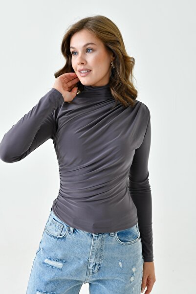 bayansepeti Ευέλικτη καπνιστή γυναικεία μπλούζα - Ασύμμετρη κοπή, μακρυμάνικο, γιακάς 9871