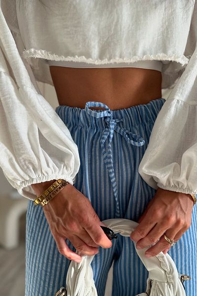 HARMONY GLOBAL Linen Blue Striped Palazzo Women's Pajama Pants - Elastic Waist 1146