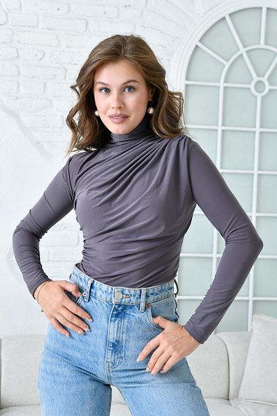 WOMAN VISION Smoked Stretch Fabric Asymmetrical Cut Long Sleeve Women's Blouse - 9871