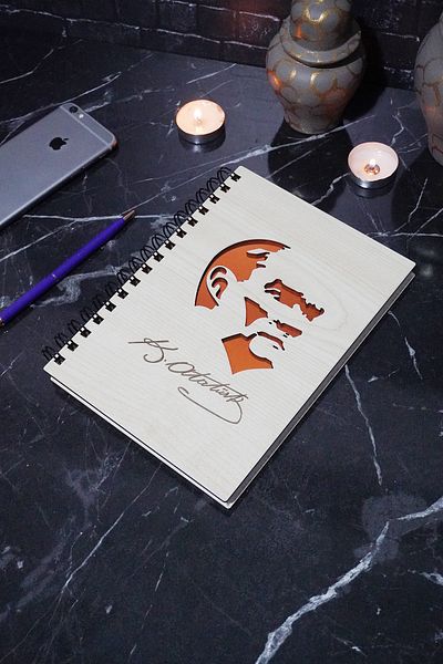 markcat Mustafa Kemal Atatürk A5 Spiral Wooden Notebook - Diary and Gift Notebook