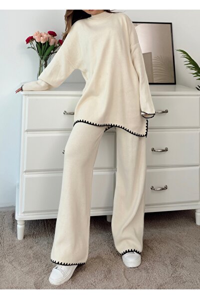 Benisengiydir Ecru Women's Hijab Knitwear Set - Striped Inserts