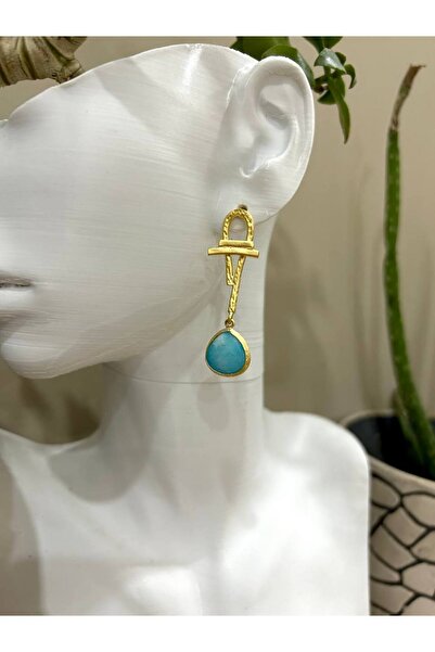 Lune Dor Accessories Özel Tasarım Altın Kaplama Doğal Taşlı Mavi/Yeşil Kadın Küpesi