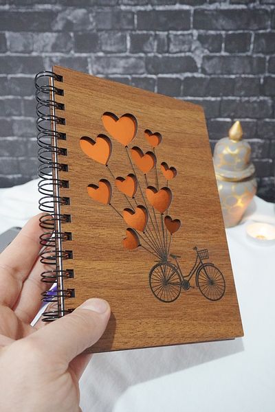 markcat Bicycle Wooden Notebook - with Balloons, Spiral and No Line - A5 Notebook School Notebook