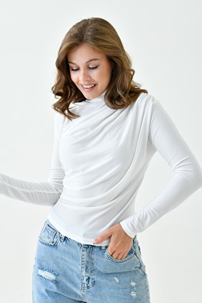 bayansepeti Γυναικεία εύκαμπτη υφασμάτινη μακρυμάνικη ασύμμετρη κοπή, ψηλός γιακάς εκρού γυναικεία μπλούζα 9871