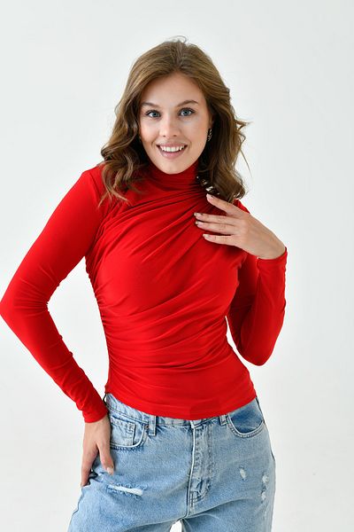 bayansepeti Women's Flexible Fabric Long Sleeve Asymmetric Cut High Collar Red Women's Blouse 9871