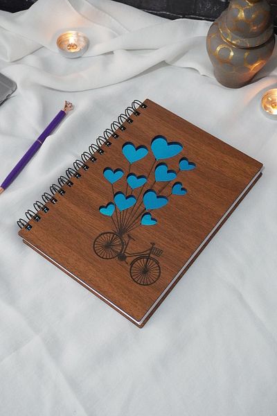markcat A5 Spiral Bicycle Wooden Notebook - with Balloons and No Line - Gift High School