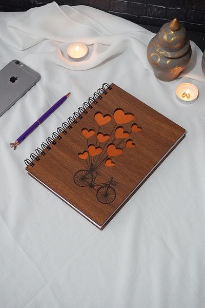 markcat Bicycle Wooden Notebook - with Balloons, Spiral and No Line - A5 Notebook School Notebook