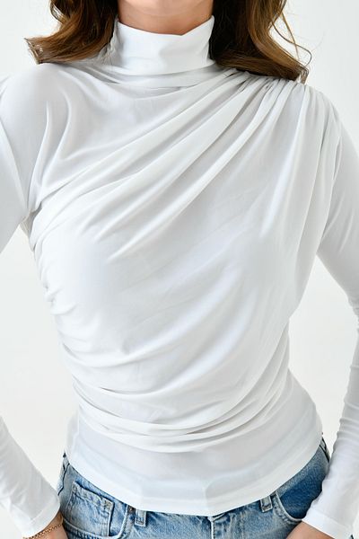 bayansepeti Damenbluse aus flexiblem Stoff, langärmlig, asymmetrischer Schnitt, hoher Kragen, Ecru, Damenbluse 9871