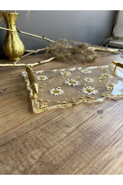 Sultan Tasarım Gold Leaf - Daisy Rectangular Wavy Patterned Epoxy Tray for Two