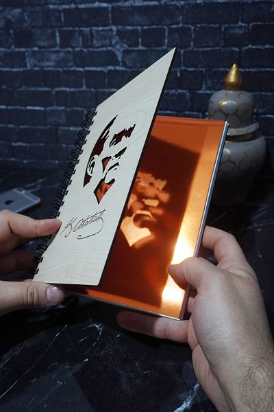 markcat Mustafa Kemal Atatürk A5 Spiral Wooden Notebook - Diary and Gift Notebook