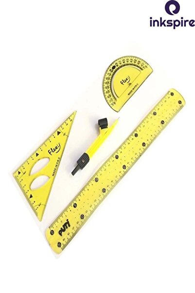 inkspire 30 cm Colored Flexible Drawing Set - 3 Pack Unbreakable Ruler, Pergel Miter Protractor