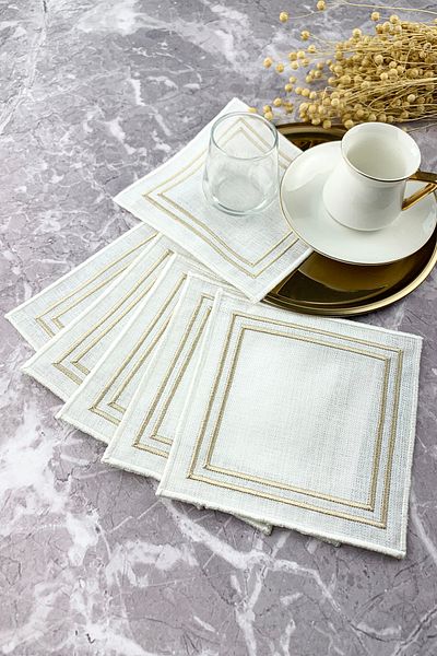 WEARE2 Set of 6 White and Cream Embroidered Double Line Cocktail Napkins