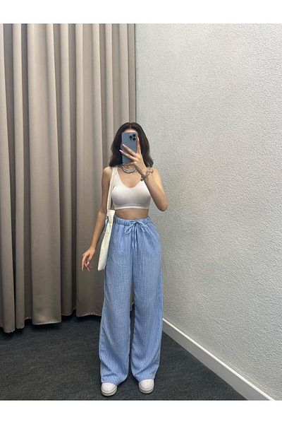 HARMONY GLOBAL Linen Blue Striped Palazzo Women's Pajama Pants - Elastic Waist 1146