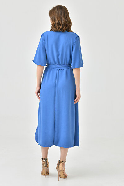 WOMAN VISION Indigo Blue Aerobin Ύφασμα Ελαστική Ζώνη Μέσης Λεπτομερές μανίκι νυχτερίδας 130 cm Midi φόρεμα με διπλό γιακά 097