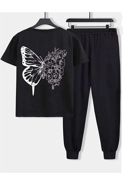 Pink Sky Тениска Butterfly Sweatpants - Black Jogger T-Shirt Долен горен комплект анцуг с голямо кръгло деколте