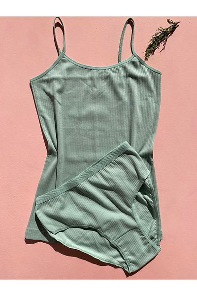 LEYNA BUTİK Green Pink Blue 3 Pieces Oval Collar Ribbed Cotton Lycra Women's Undershirt and Panty Set