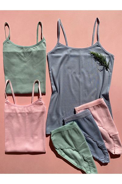 LEYNA BUTİK Green Pink Blue 3 Pieces Oval Collar Ribbed Cotton Lycra Women's Undershirt and Panty Set