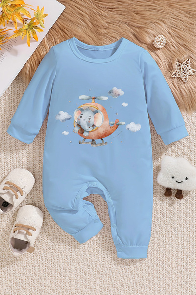 ADABEBEK Soft Baby Jumpsuit - Elephant Riding on a Helicopter Printed, 10240